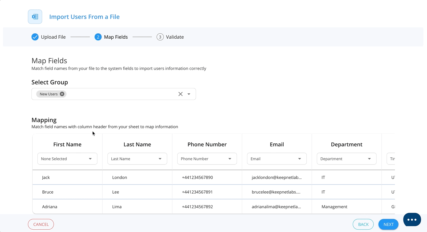 CSV column mapping for target users.