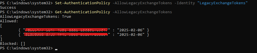 Exchange Online PowerShell — Allow Legacy Token sample.
